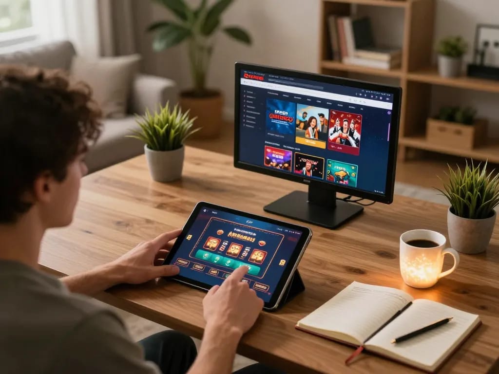 Player strategizing on sites not on gamstop with tablet and notebook in warm home setting.