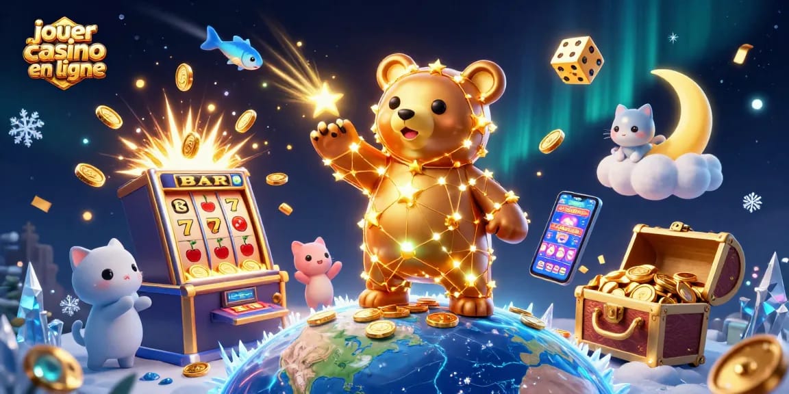 Jouer au casino en ligne avec une illustration festive de machines à sous, étoiles dorées et ambiance nocturne.