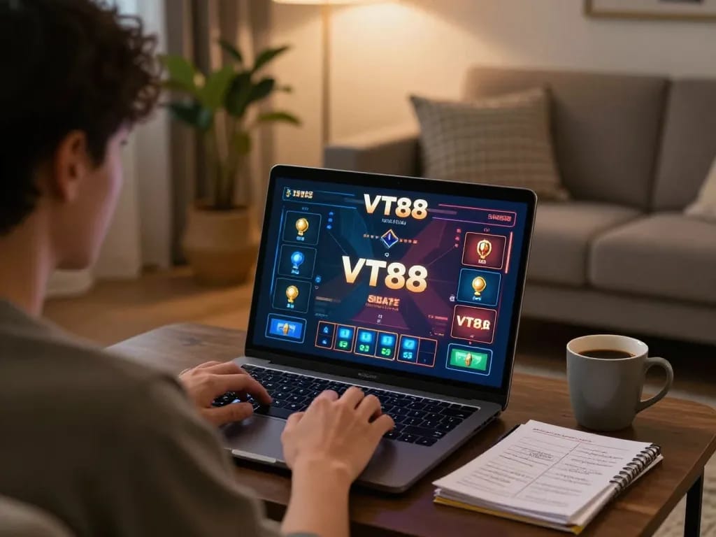 Engaging in exciting VT88 online casino gameplay from a cozy living room setup.
