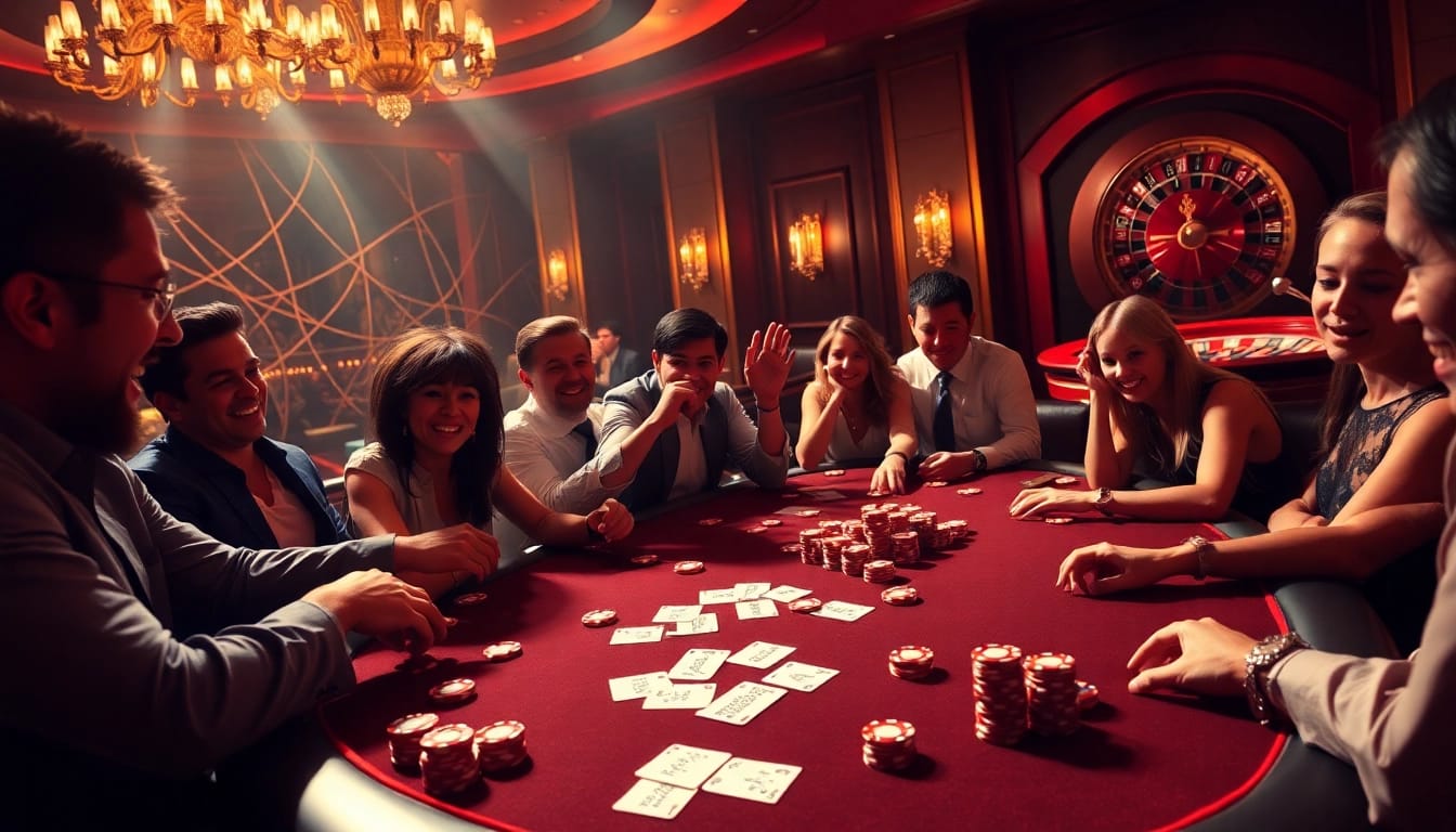 Gambling excitement at a poker table revealing the hidden wiki concept through luxurious casino elements.