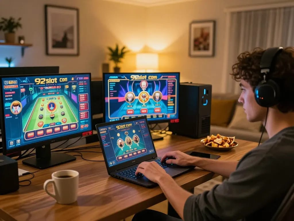 Engaged player enjoying casino games on 92slot com from a cozy home setup.
