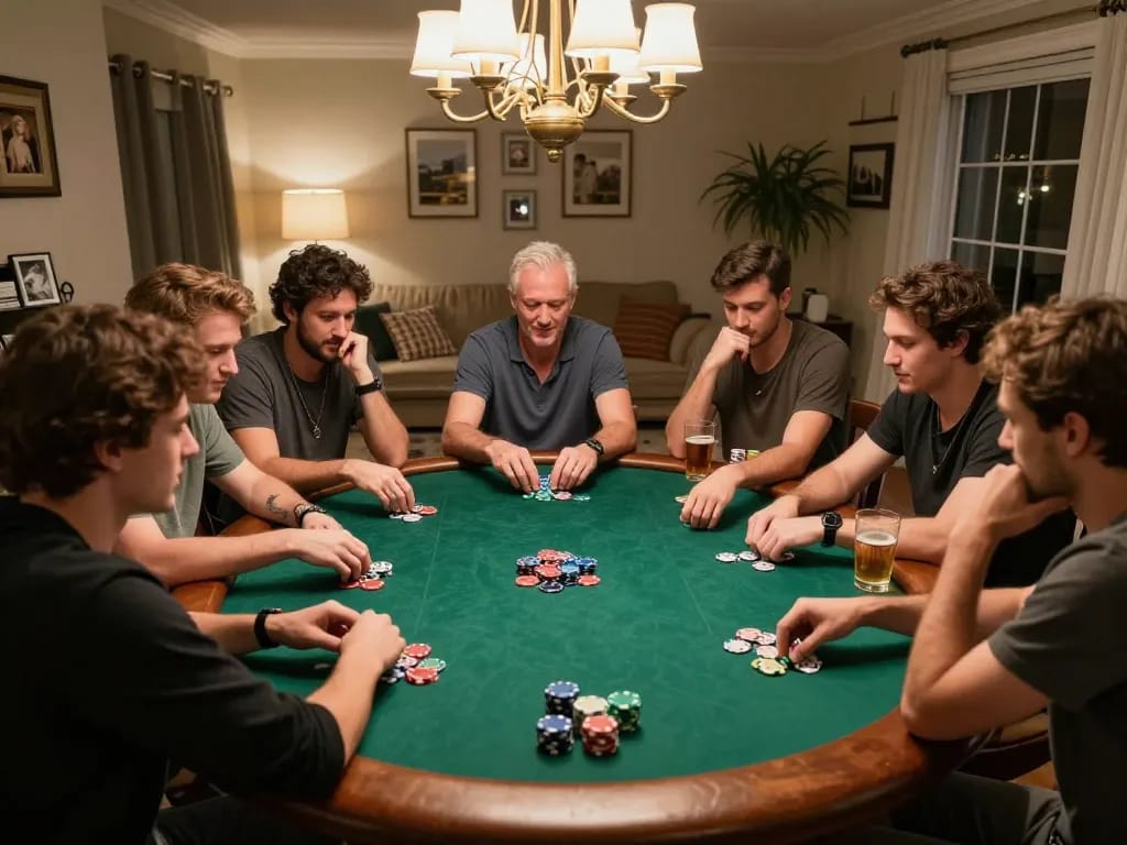 Players enjoying an engaging poker night at home, featuring camaraderie and strategy, as they explore gaming with atq com.