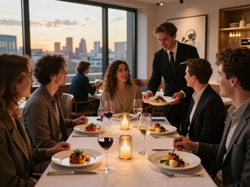 Best restaurants in London featuring a vibrant dining scene with friends enjoying gourmet dishes and fine wine during golden hour.