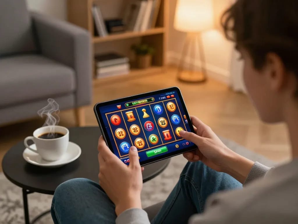 Pemain yang menarik bermain game slot di aplikasi mobile Bintangmpo di ruang tamu yang santai.