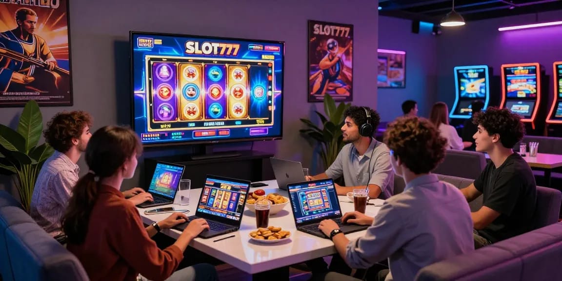 Situs slot gaming experience with friends enjoying SLOT777 online games in a vibrant digital casino setting.