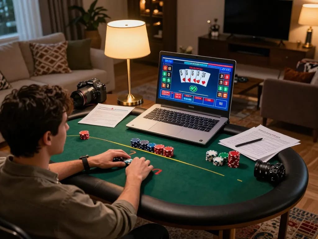 g28 poker strategy session with player analyzing hands on laptop and notes in stylish home setup