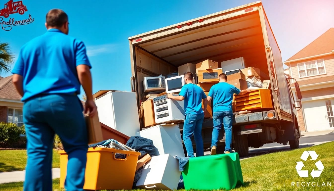 Dynamic junk removal services loading various unwanted items into a truck, showcasing eco-friendly practices.
