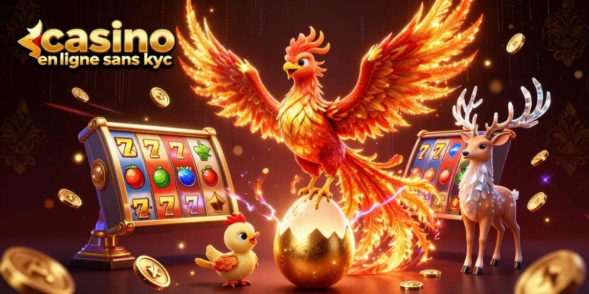 Découvrez l'univers captivant d'un casino en ligne sans KYC, avec une illustration dynamique d'un phoenix et de jeux de machines à sous.