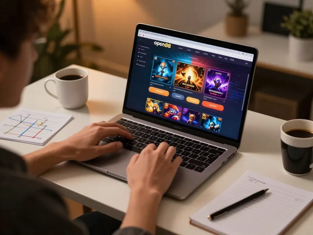 Engaging player using open88 interface on laptop while planning gaming strategies at home
