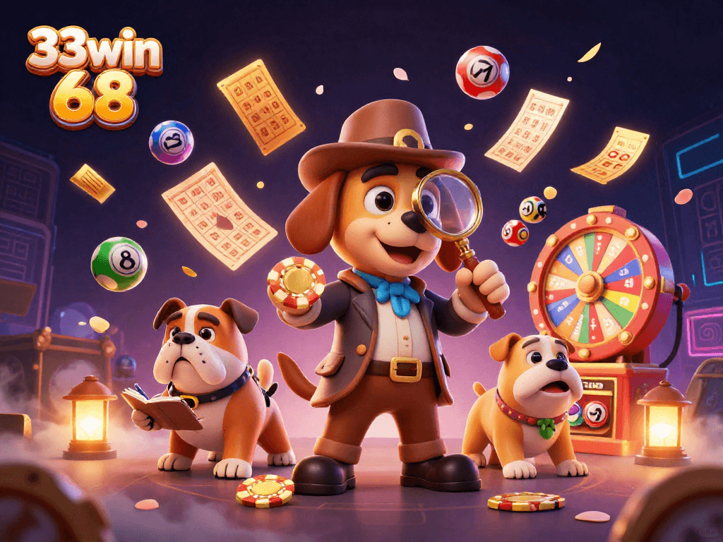 Win big at 33win 68 with an exciting scene of detective characters discovering treasures in a dynamic casino environment.