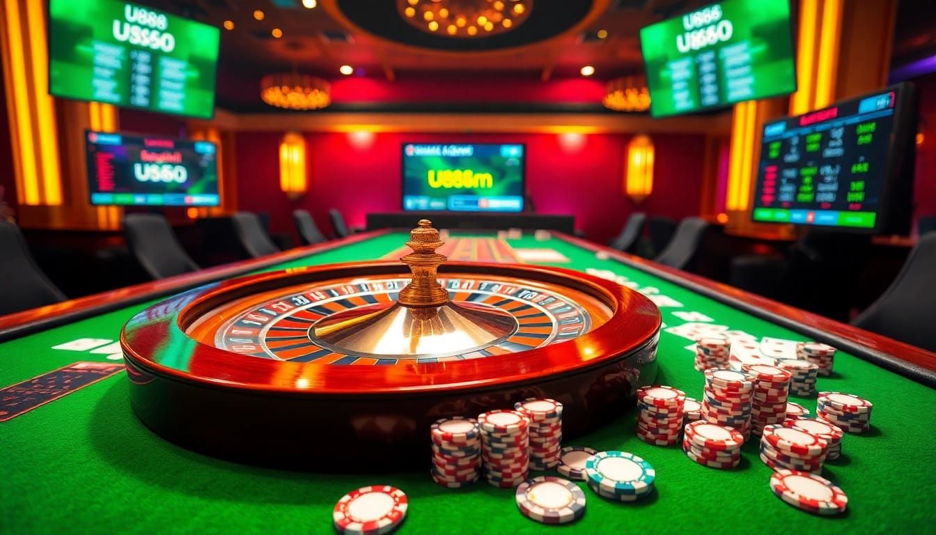 Experience high-stakes gaming with u888 com in a vibrant casino scene showcasing roulette and poker.