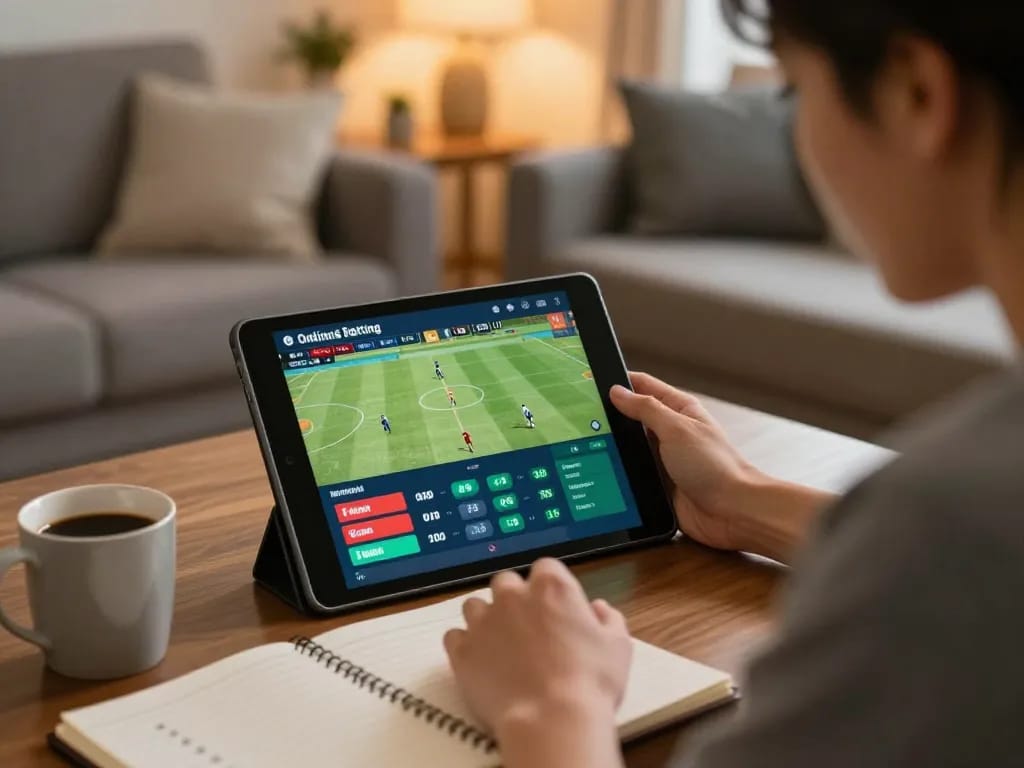 Engaging in okwintv trực tiếp sports betting action on a tablet in a cozy living room.