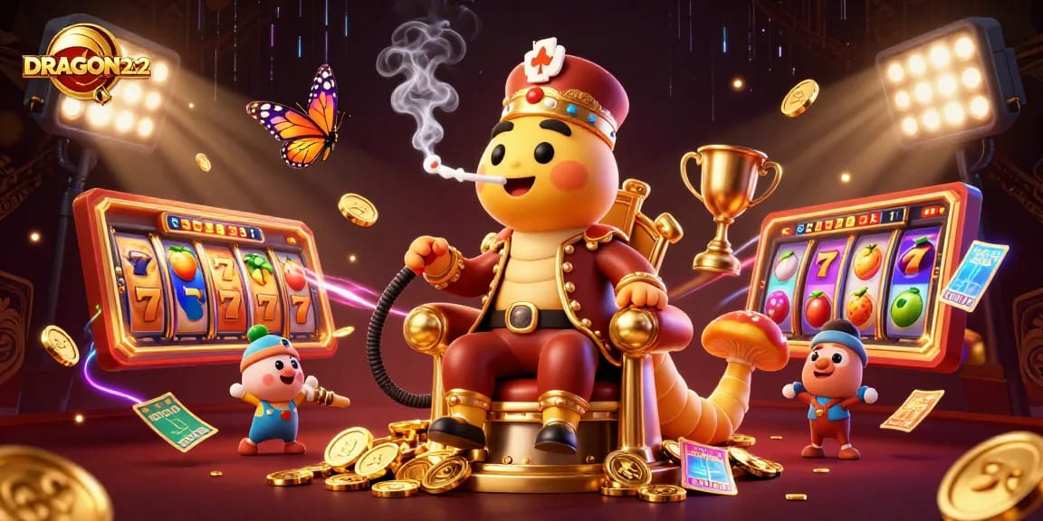 Experience thrilling wins with DRAGON222 and its exciting slot games, surrounded by vibrant casino elements.