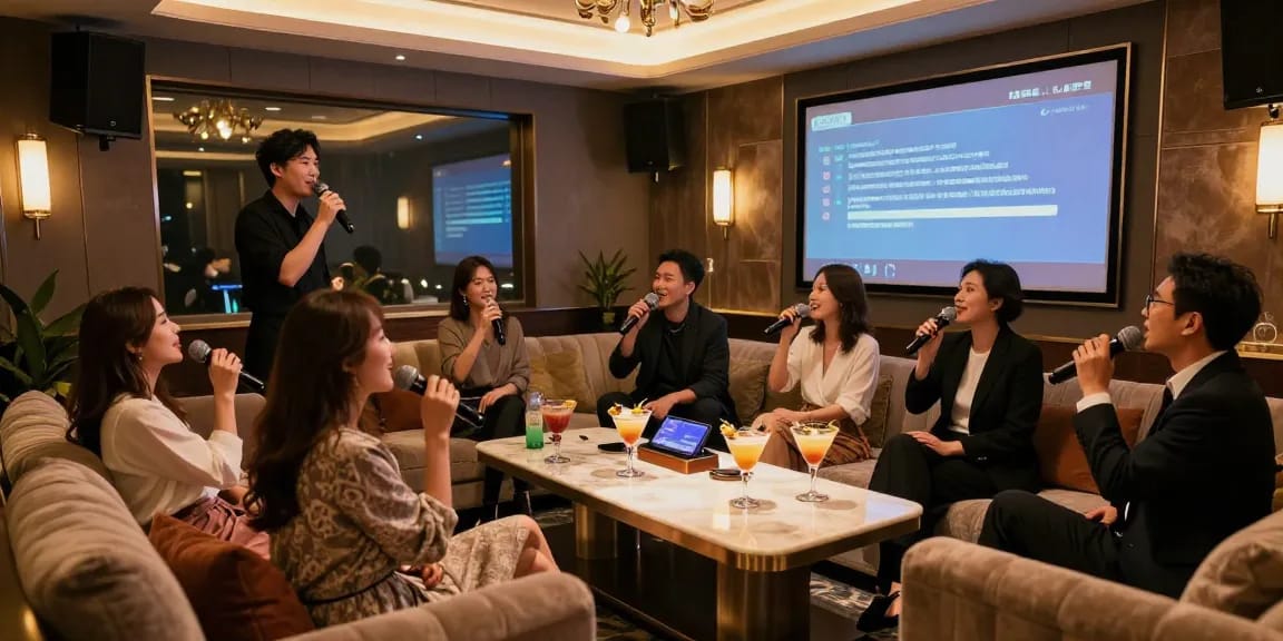 강남쩜오의 프리미엄 가라오케 라운지에서 손님들이 즐거운 시간을 보내고 있는 모습, gugudanlounge.com/에 적합한 고급스러운 분위기