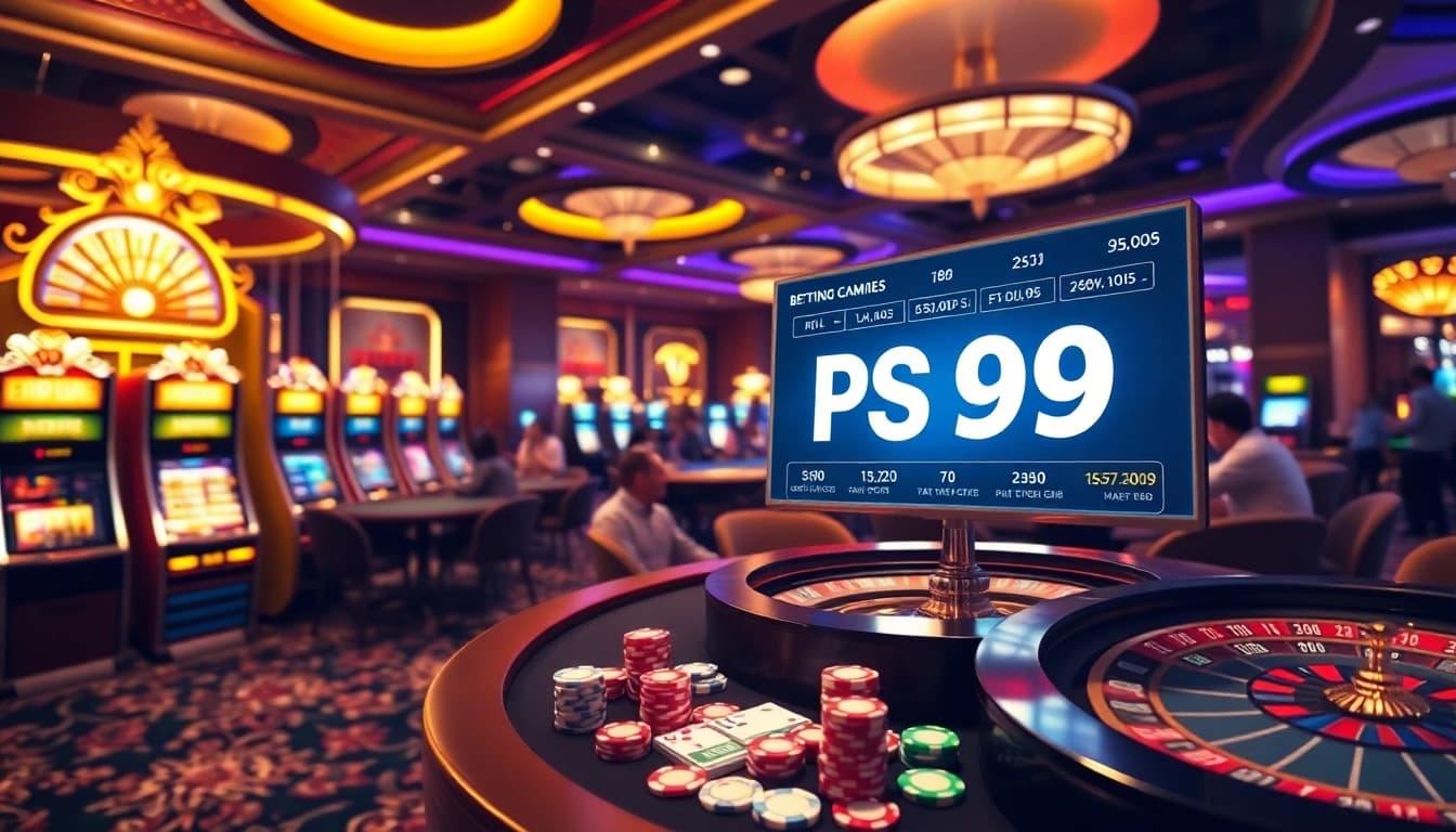 Exciting PS99 gaming scene with vibrant casino atmosphere and players at poker tables.