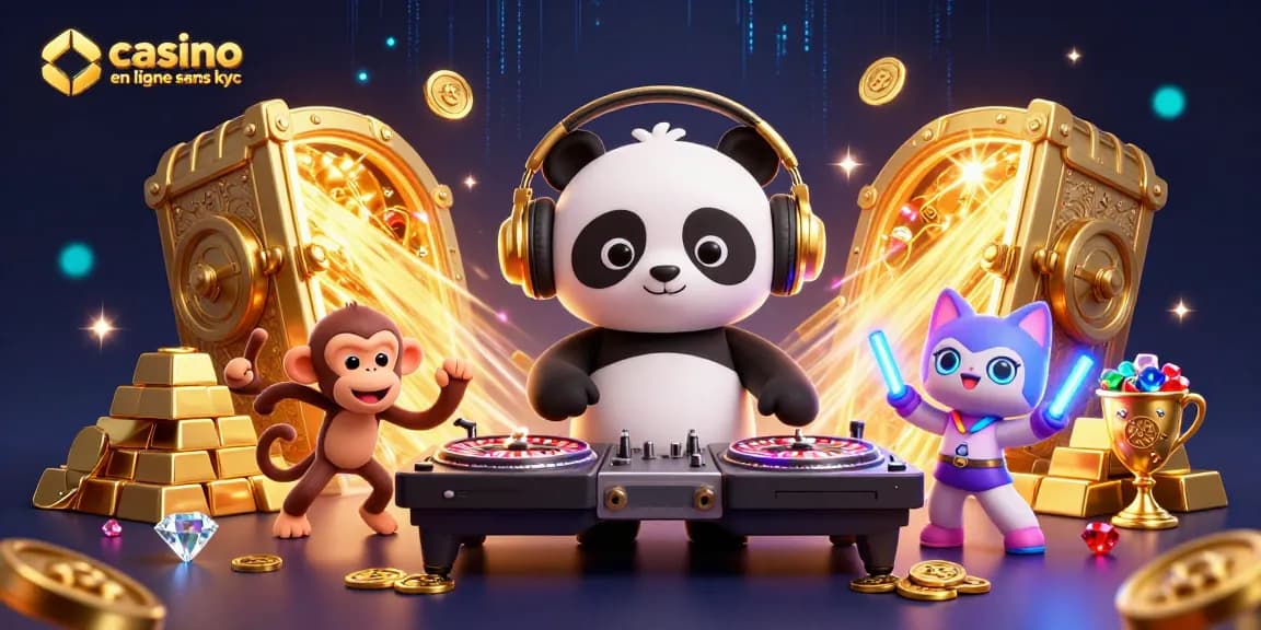 Plongez dans l'univers du casino en ligne sans KYC avec cette illustration vibrante et dynamique, montrant un panda DJ, un singe breakdance et un chat en rave