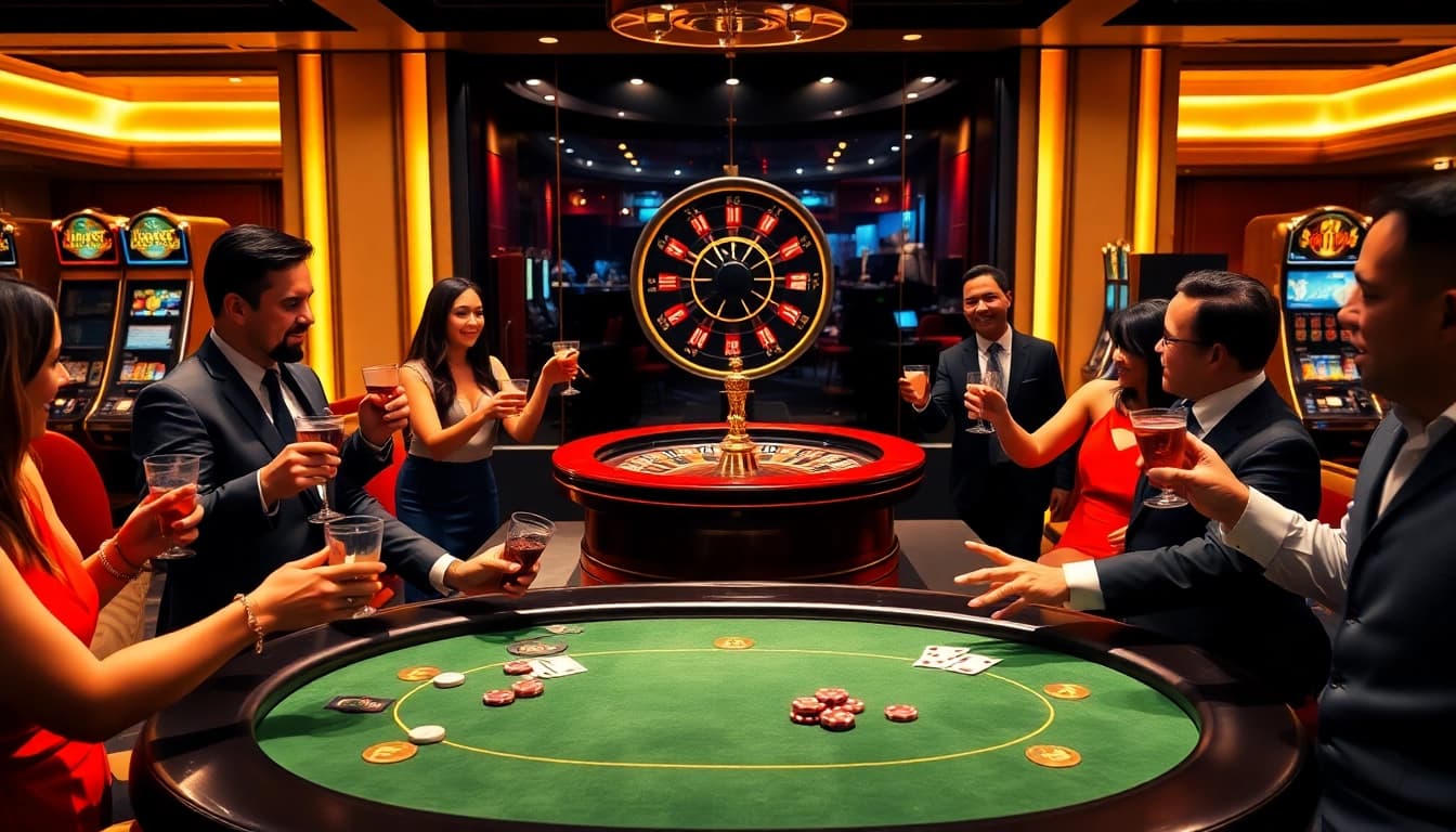 A dynamic casino scene showcasing players at a poker table, emphasizing the thrill of winning at https://rr88.navy/.