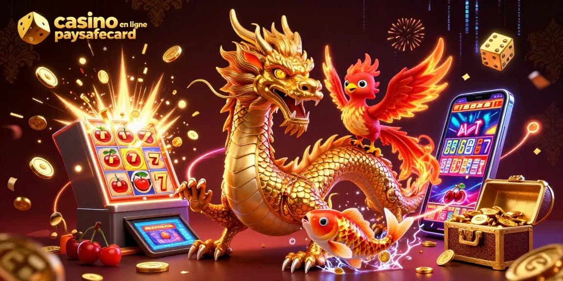 Jouez en toute sécurité avec casino en ligne paysafecard, un dragon chinois et des symboles de jackpot.