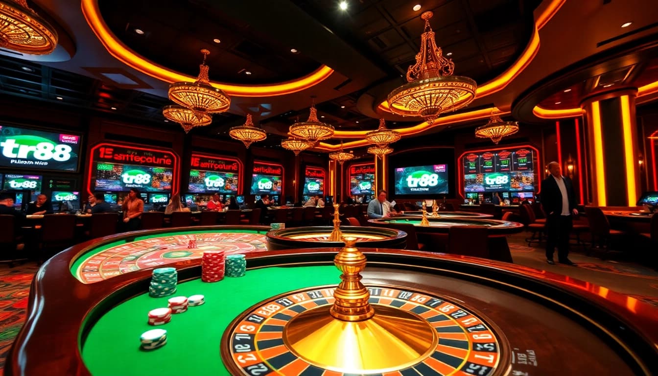 Action-packed gaming scene showcasing tr88 thrilling casino tables and gambling excitement.