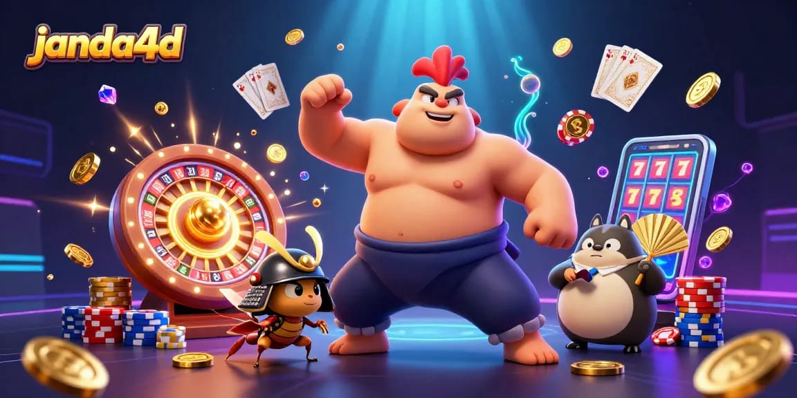 Janda4D hadirkan ilustrasi 3D memukau dengan karakter ayam sumo stomping di kasino yang glamor.