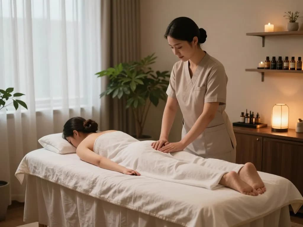 Relaxing 삼성동마사지 therapy room with professional therapist preparing for a calming experience