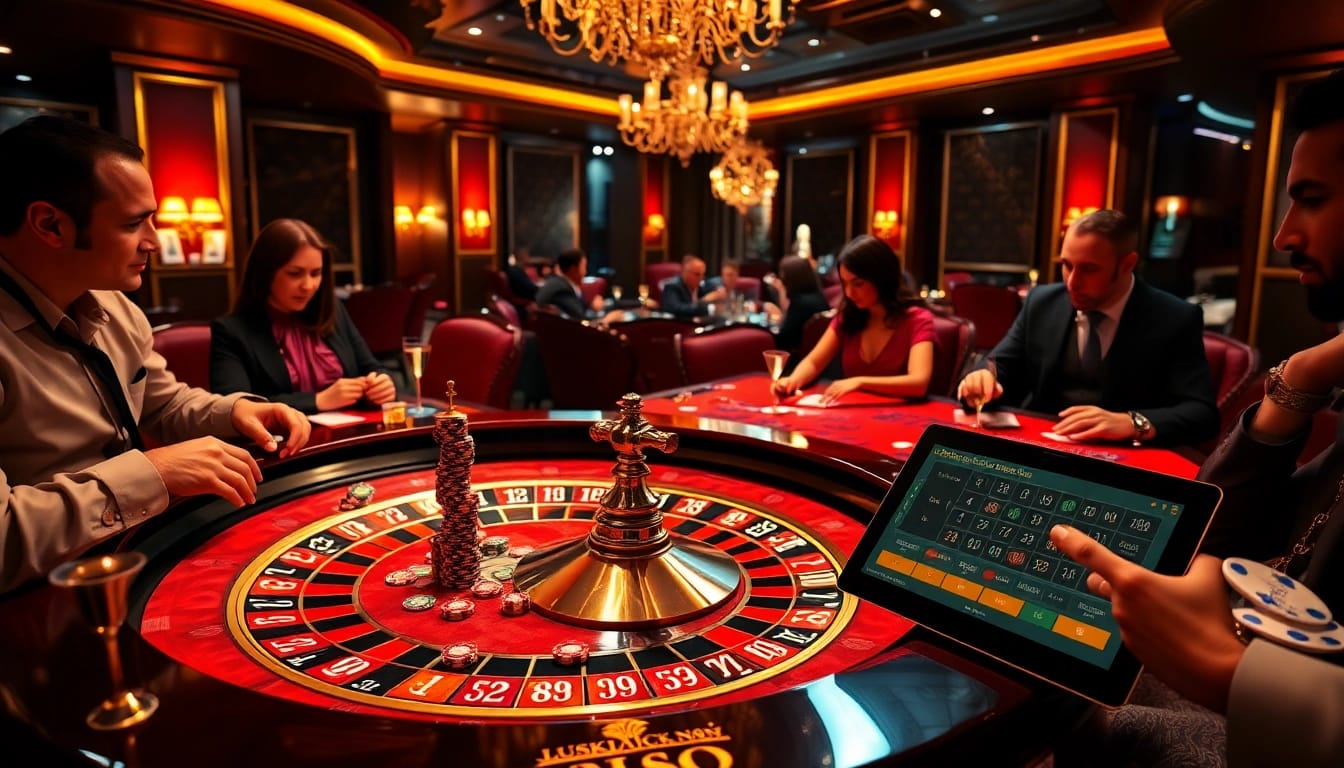 Experience thrilling gameplay at https://luck882.co.com/ with vibrant casino elements and engaging players at the roulette table.