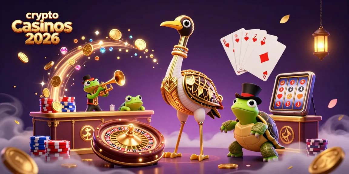 Illustration colorée de crypto casinos 2026, mettant en avant une tortue élégante et ses amis en pleine action.