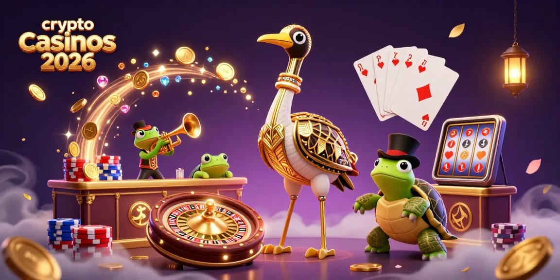 Illustration colorée de crypto casinos 2026, mettant en avant une tortue élégante et ses amis en pleine action.