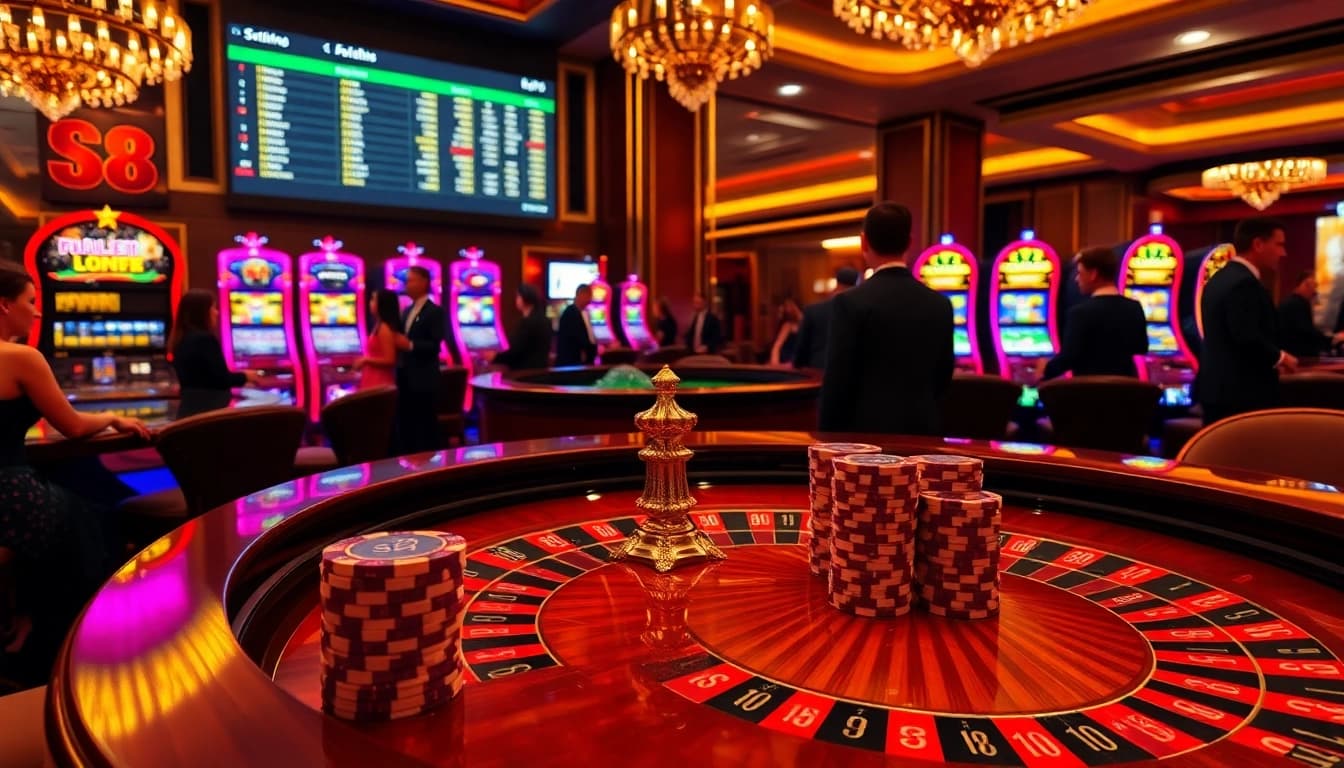 S8 branded poker chips stacked next to an elegant roulette table in a luxurious casino setting.
