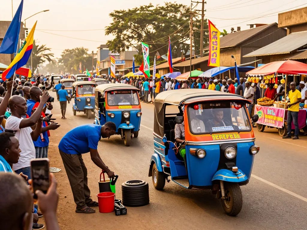 Nairobi tuk tuk racing action with vibrant vehicles and excited crowds.
