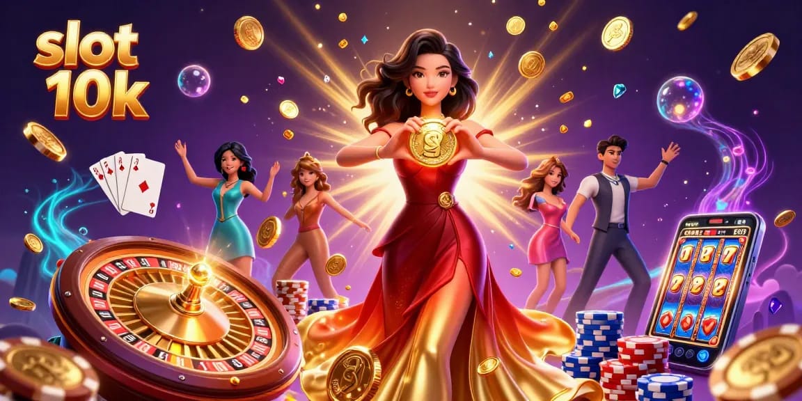 Experience exciting gameplay with slot 10k, showcasing a stunning woman amidst cascading coins and gems.