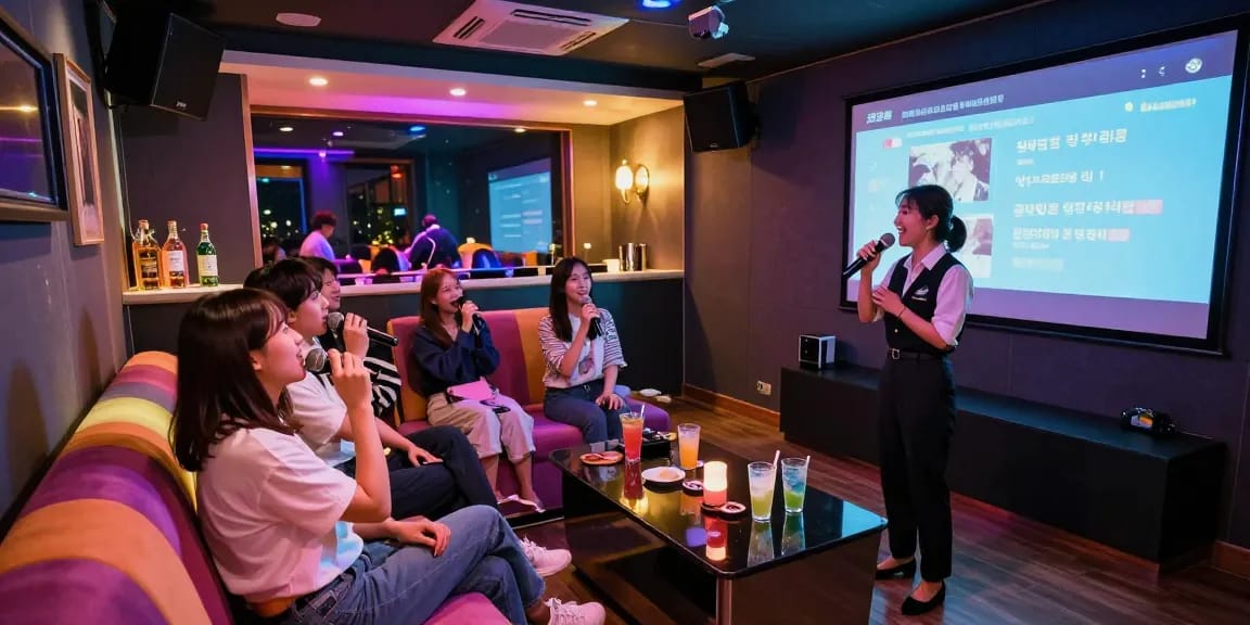 인천쓰리노에서 친구들과 노래를 부르며 즐거운 시간을 보내는 모습과 화려한 조명, 현대적인 인테리어가 어우러진 프라이빗 룸