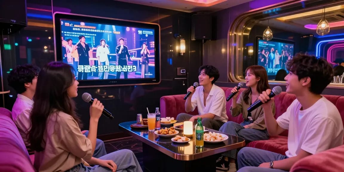 강남가라오케에서 친구들과 함께 즐거운 시간을 보내는 장면, 화려한 조명과 아늑한 좌석이 돋보이는 프리미엄 노래방 환경