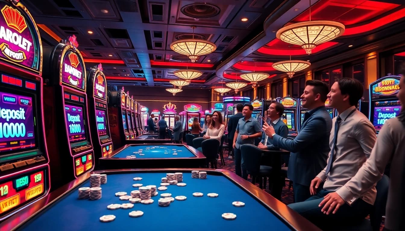 Engaged players celebrating a win with slot deposit 1000 at vibrant casino machines.