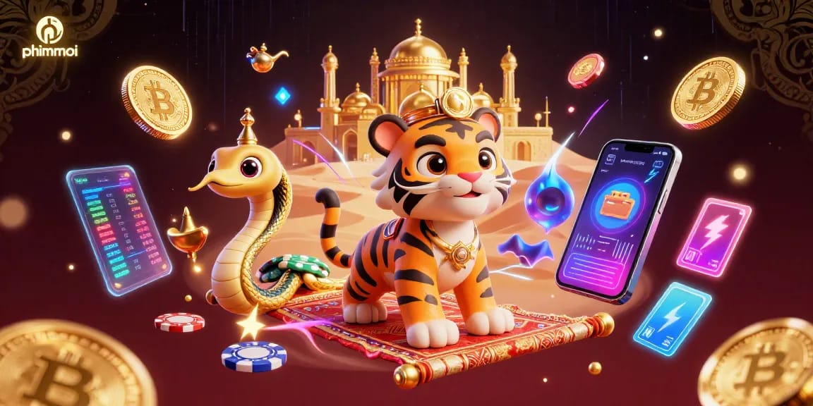 Engage in phimmoi's thrilling world of cryptocurrencies with a vibrant 3D casino scene.