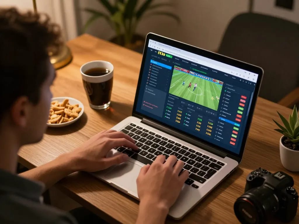 Person placing bets on rr88 online sports betting platform at home, focused and relaxed.