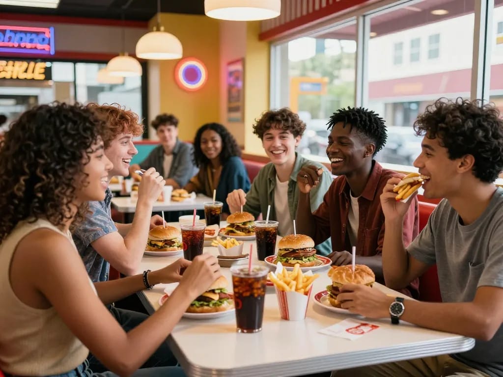 Fast food menu items shared among friends in a lively diner atmosphere.