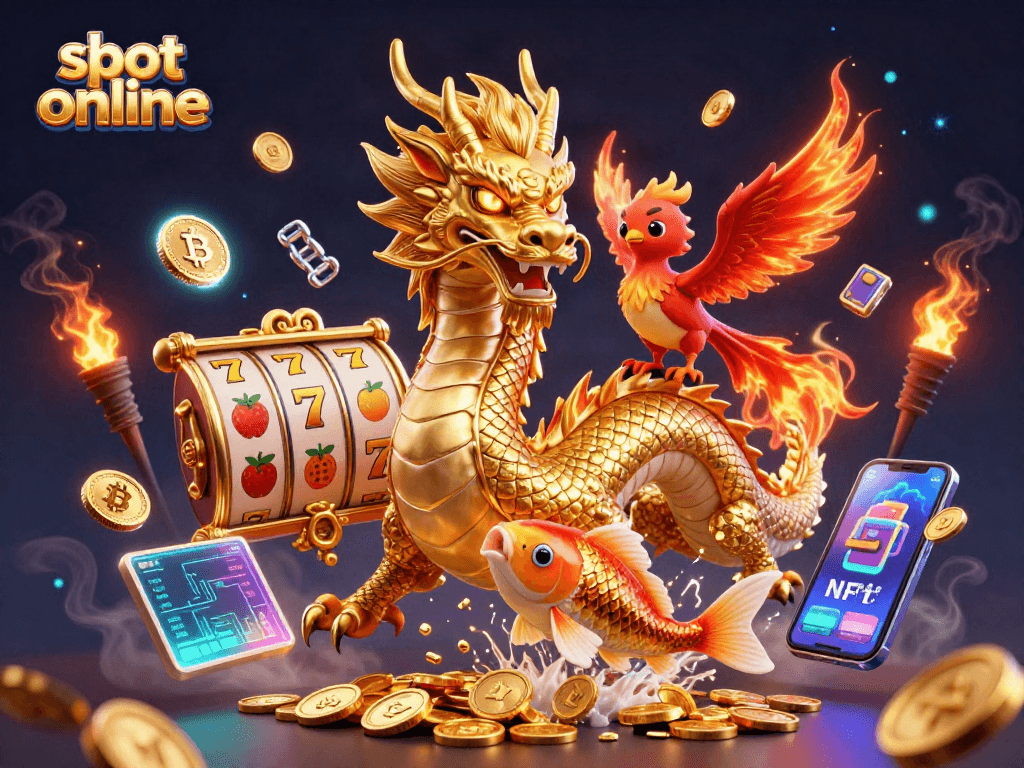 Experience the excitement of slot online with a dynamic scene featuring a mighty dragon and colorful elements.