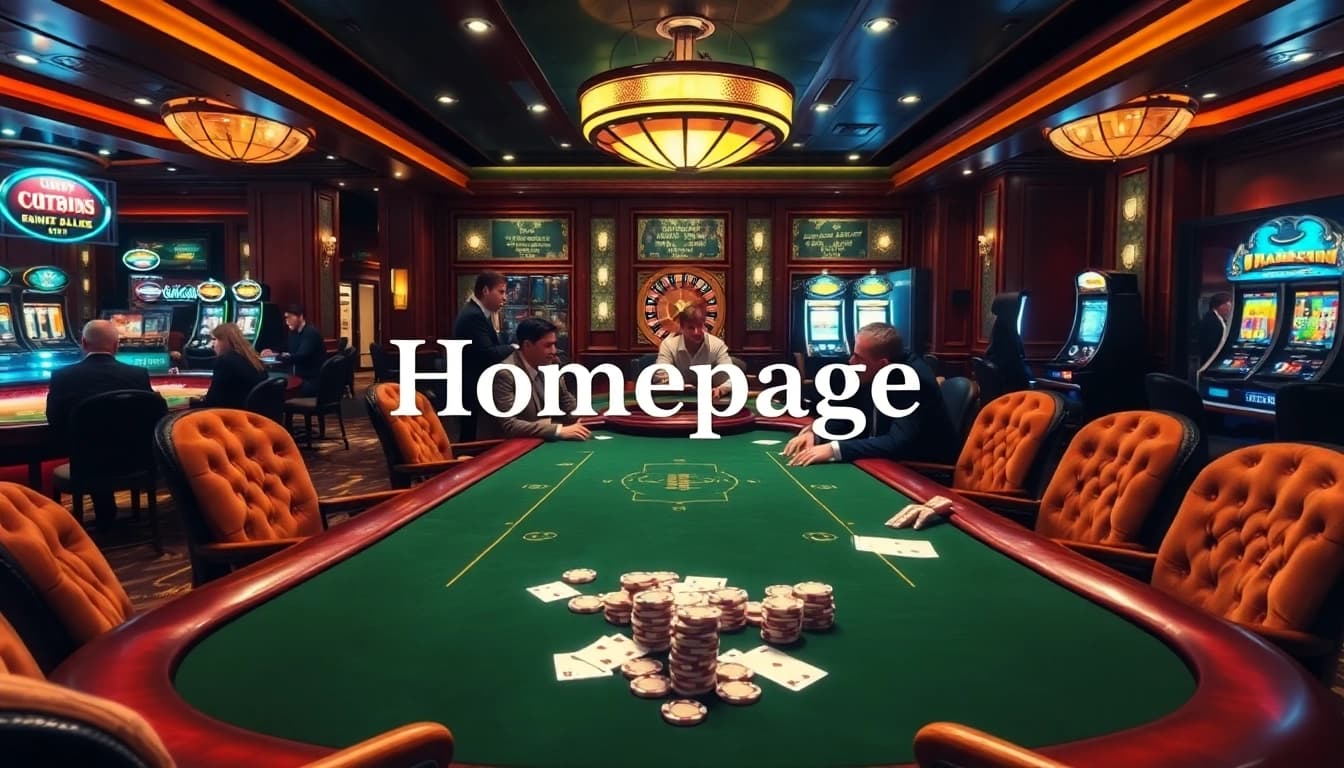 Exciting gambling action around a poker table on a luxurious casino Homepage
