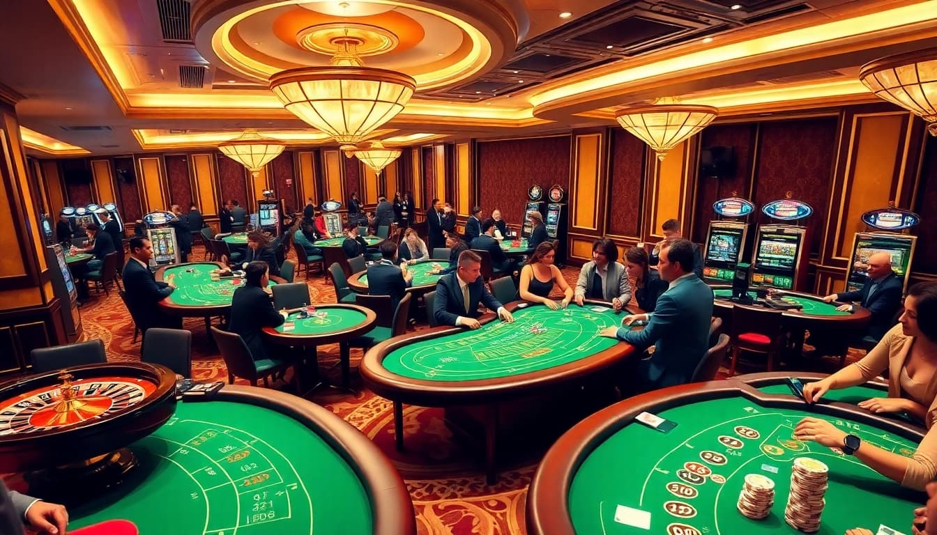 Players enjoying an exhilarating blackjack game at Thabet77 casino, showcasing luxury and excitement.
