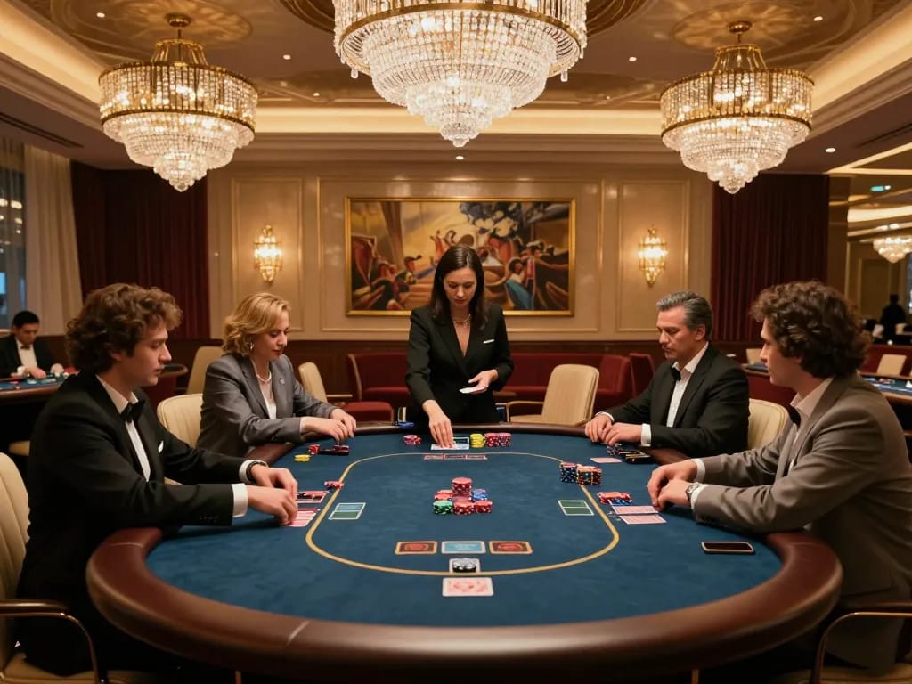 Players engaging in a strategic poker game at a vipwin high-roller table in a luxury casino atmosphere