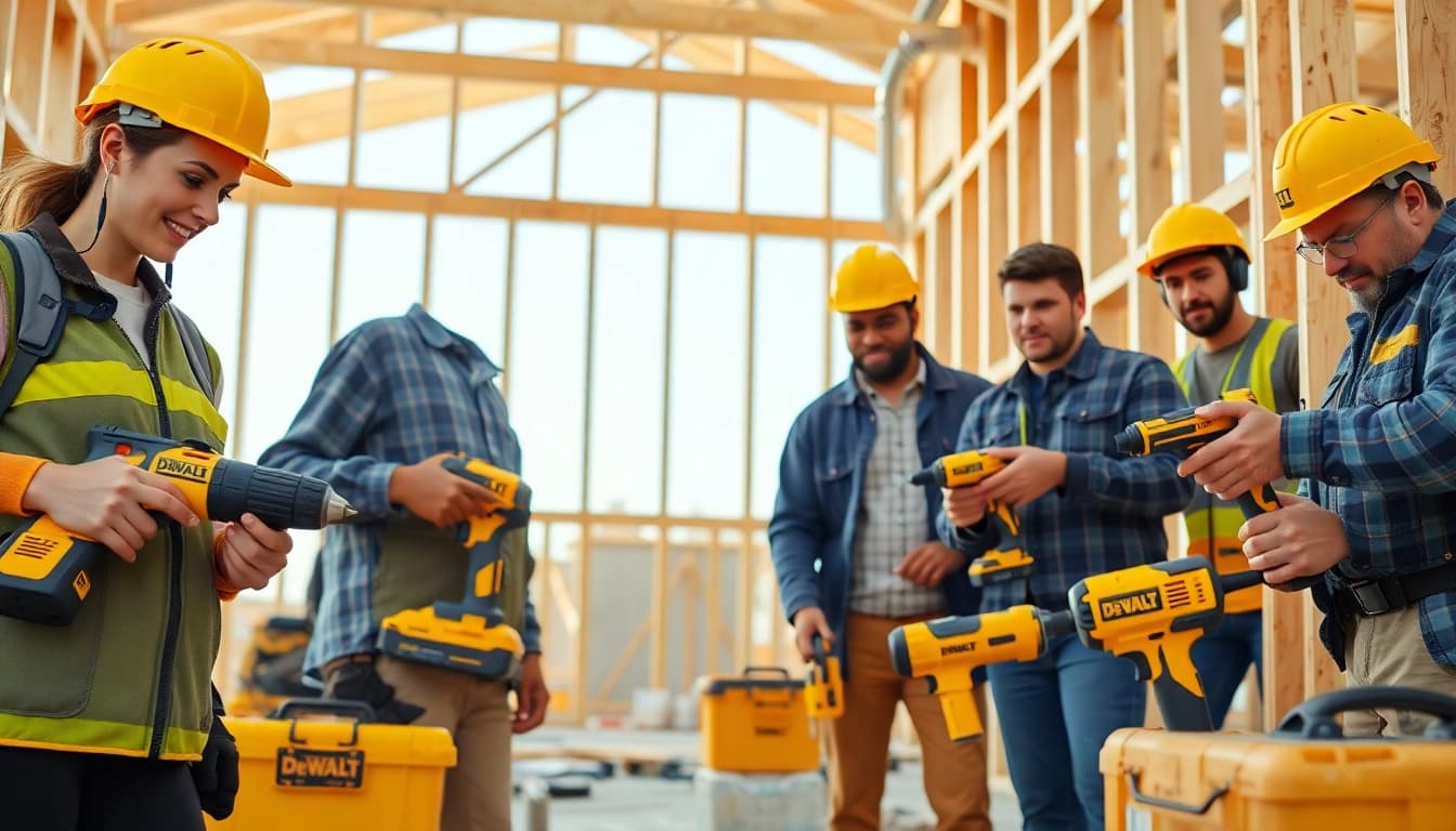 Dewalt Angebote für professionelle Elektrowerkzeuge auf einer lebhaften Baustelle