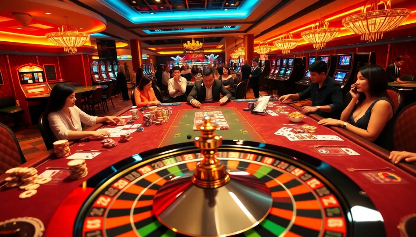 Engage in a thrilling casino experience with nohu-themed poker chips and vibrant cards.