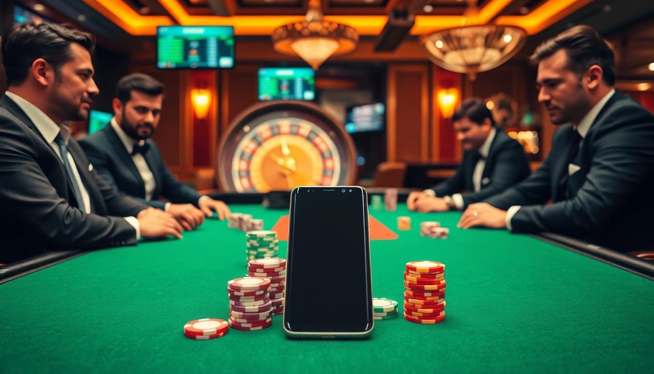 S8 poker players thrill at a Texas Hold'em table with colorful chips and a spinning roulette wheel.