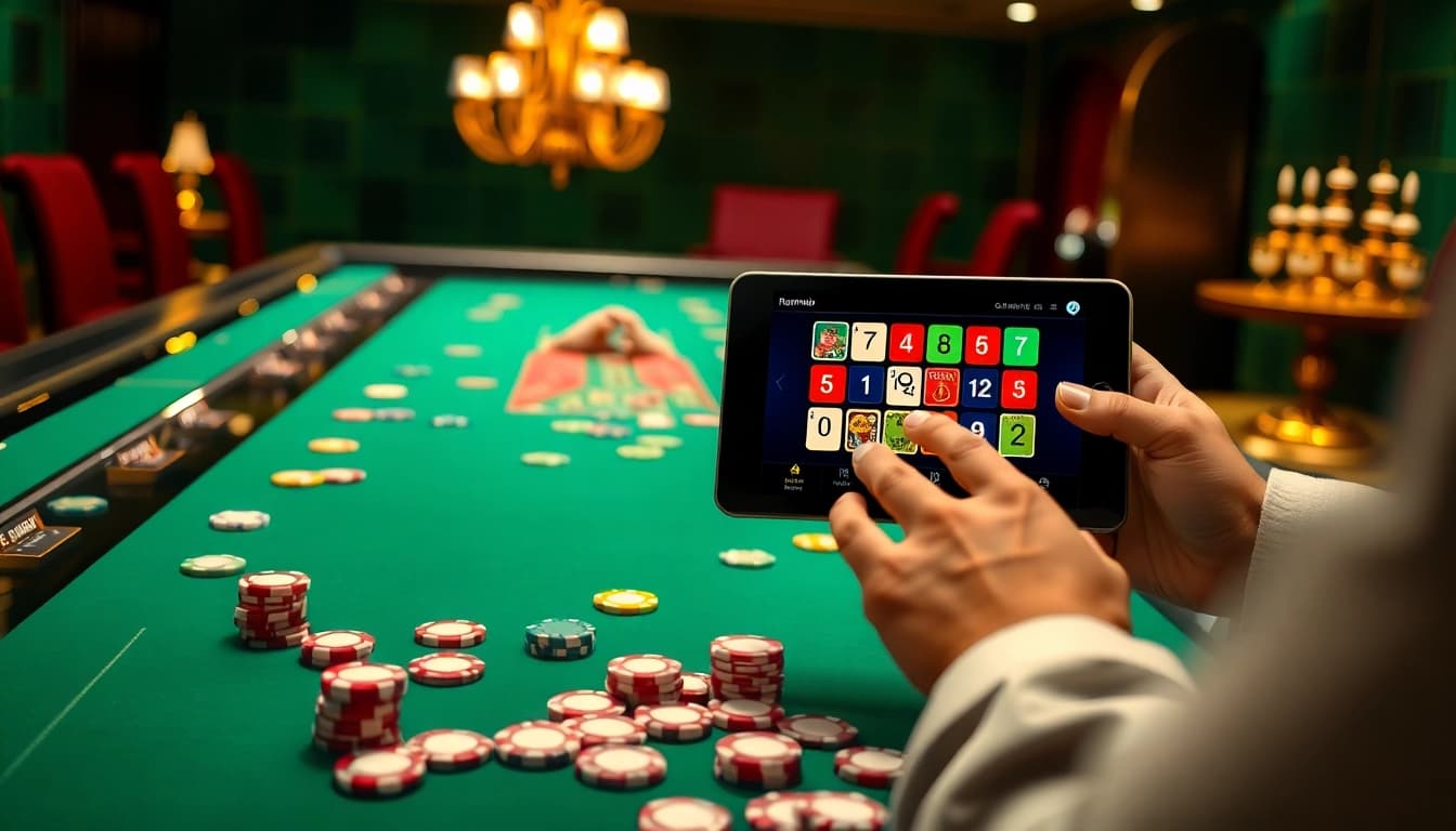 Play רמיקוב אונליין on a vibrant casino table filled with poker chips and colorful tiles.