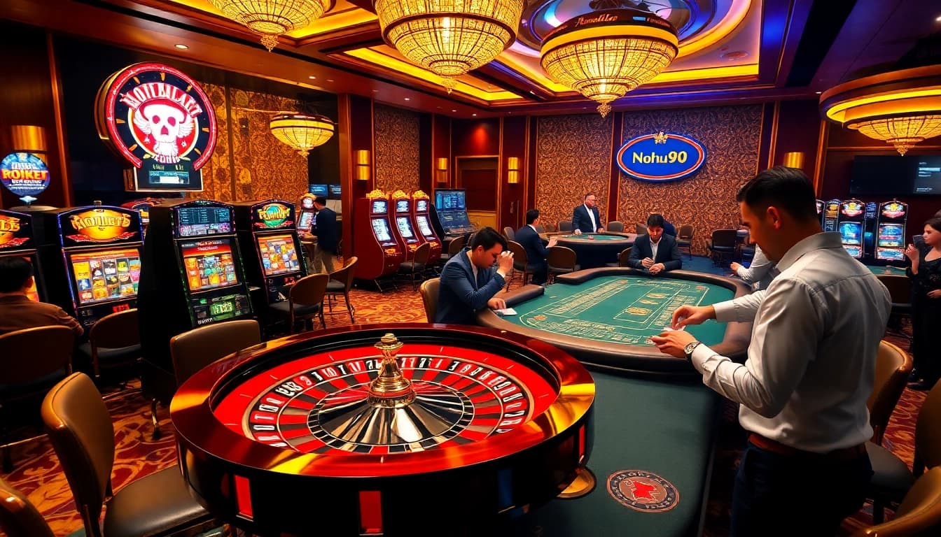 Nohu90 casino scene with roulette and slot machines highlighting thrilling gambling actions