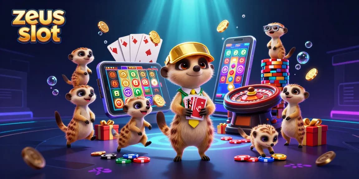 Experience the thrills of zeus slot with animated meerkats engaging in casino fun.