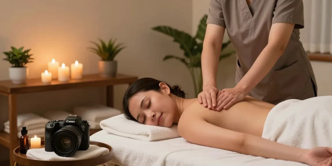 마사지 치료실에서 아로마 오일을 사용하는 부드러운 마사지 장면