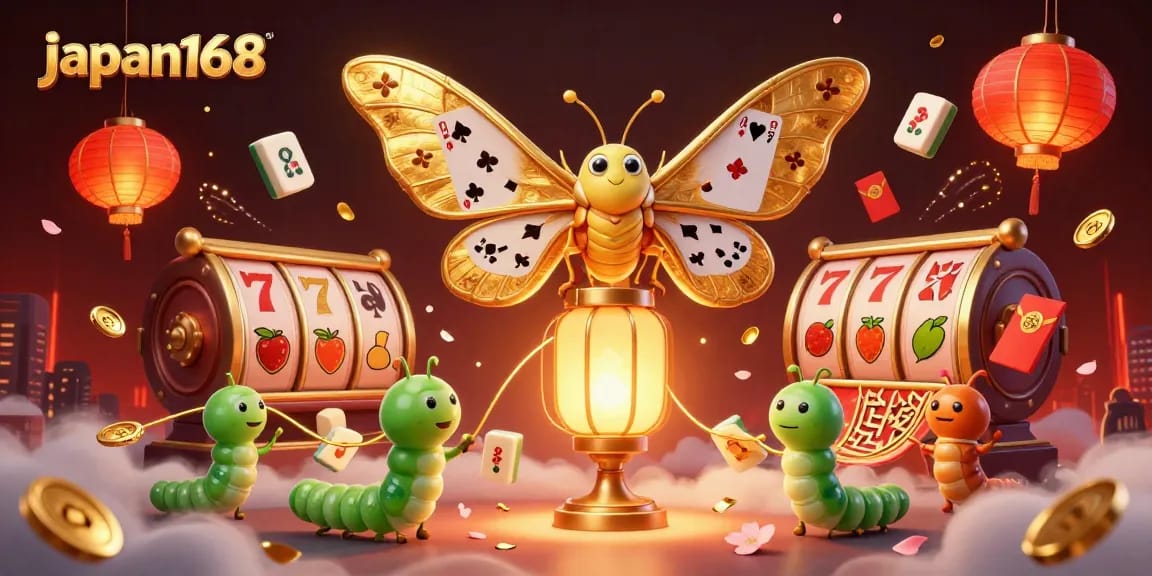 Play exciting games at japan168 with a vibrant 3D illustration showcasing casino elements.