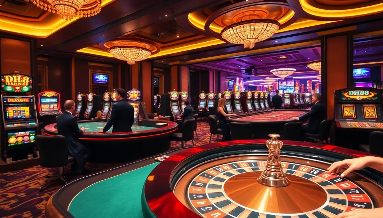 Players enjoying thrilling games at the DH88 luxury casino featuring roulette and slot machines.